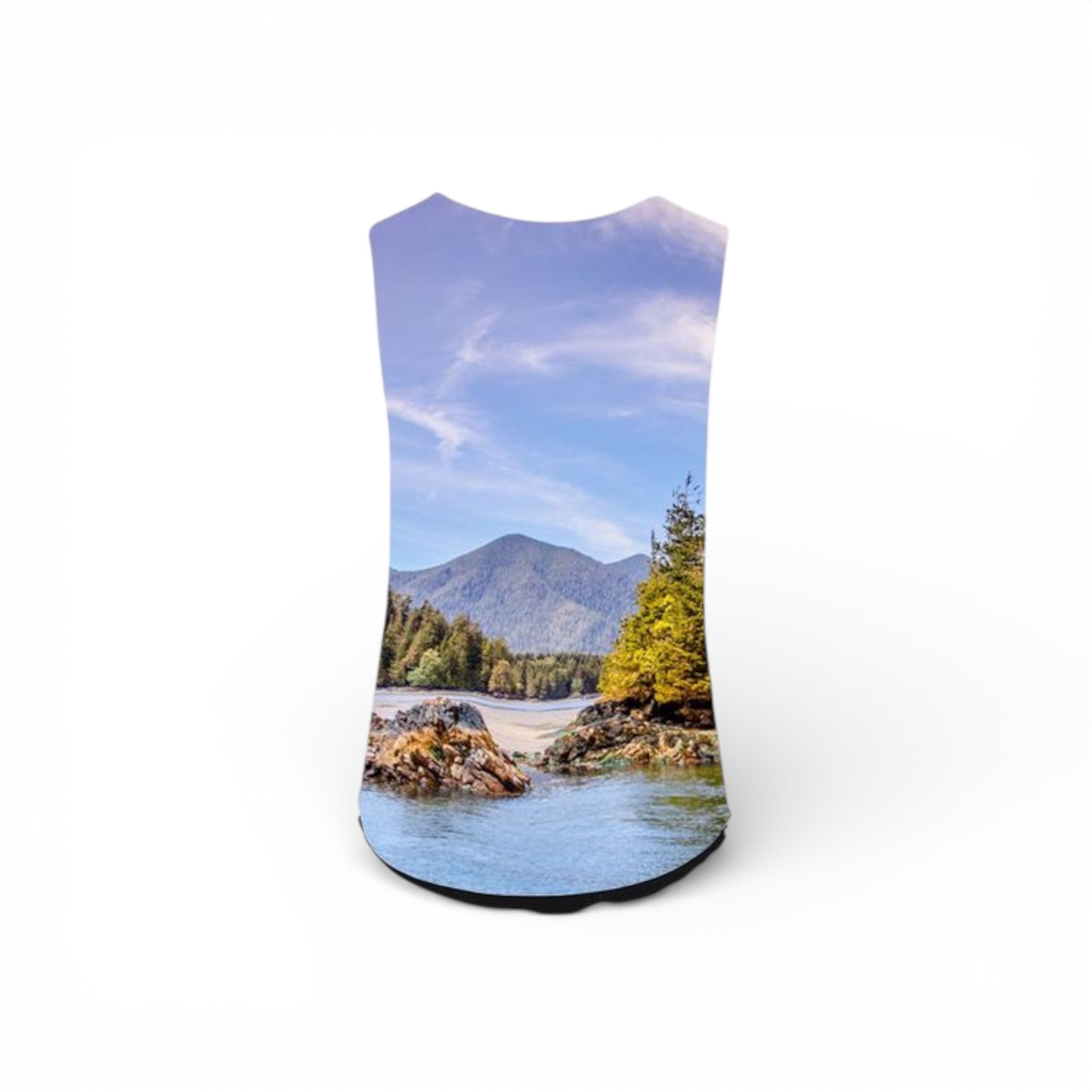 Sleeveless shirt with a scenic print of a lake and mountains on a white background