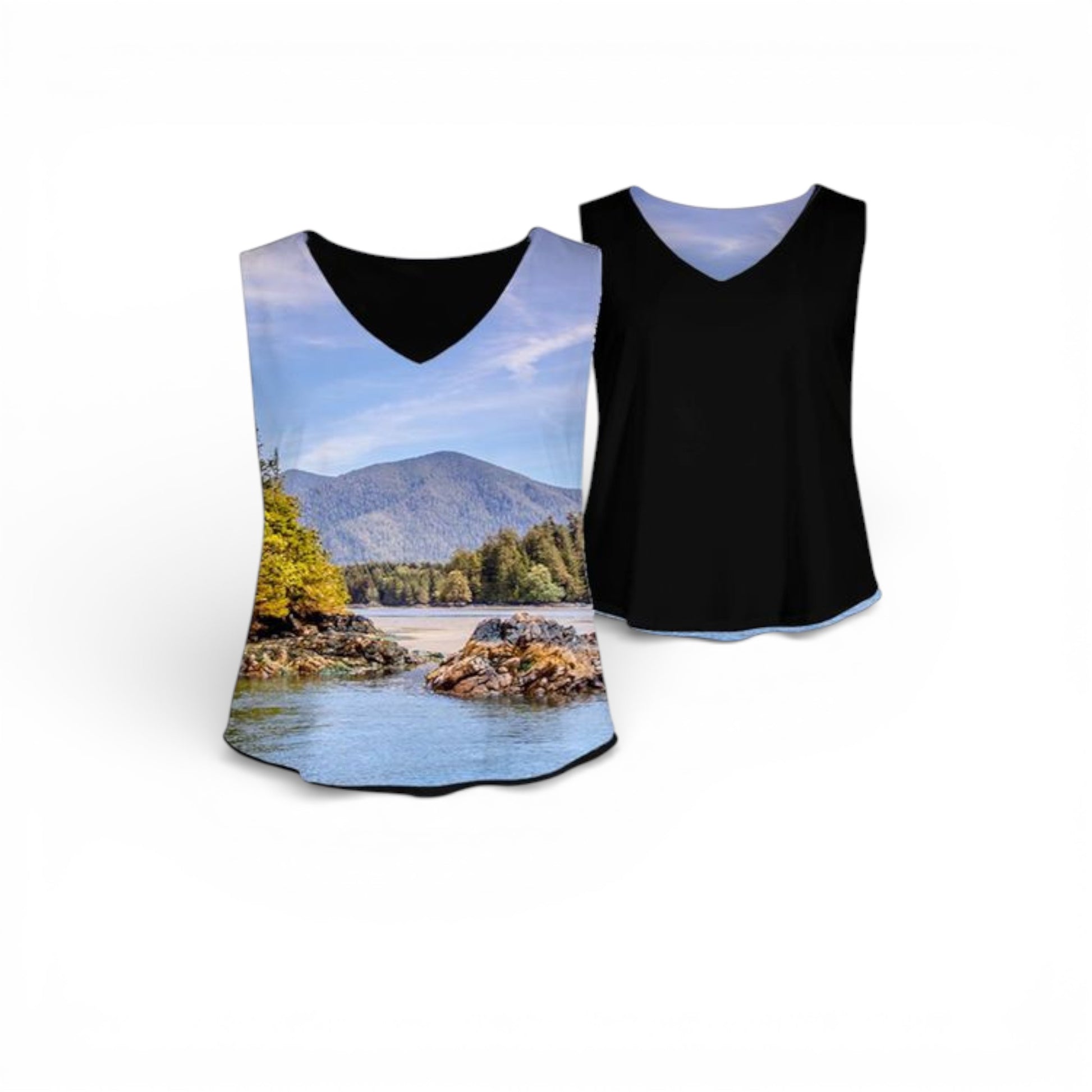 Two tank tops, one with a scenic print of a lake and mountains, the other black.