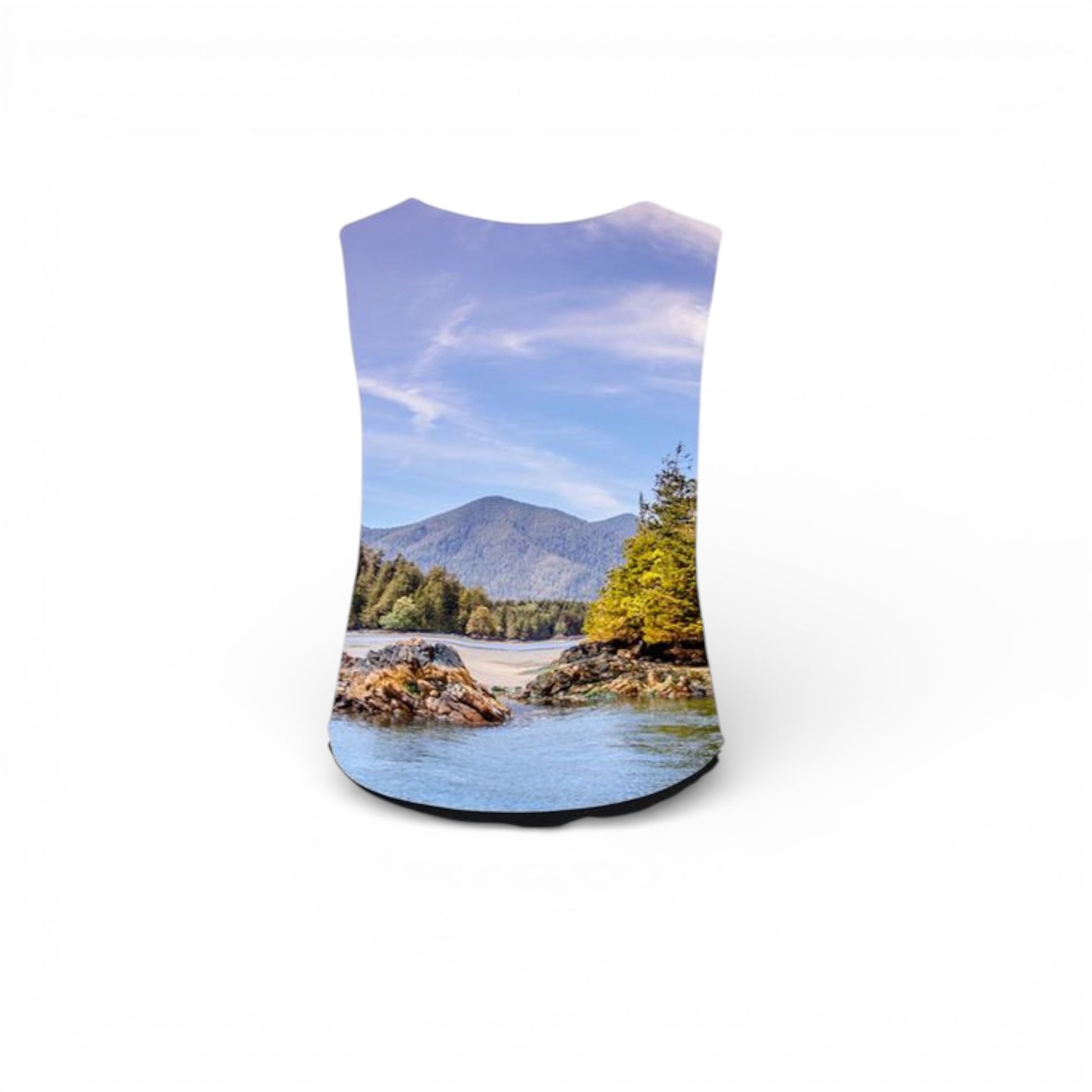 Sleeveless top with a scenic print of a lake and mountains on a white background