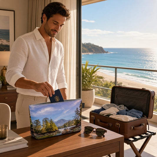 A man in a white shirt packs a blue passport into a zippered pouch featuring a scenic landscape print of mountains, trees, and a lake. He is standing in a modern room with a large window overlooking a beach and ocean, with an open brown suitcase on a stool nearby.