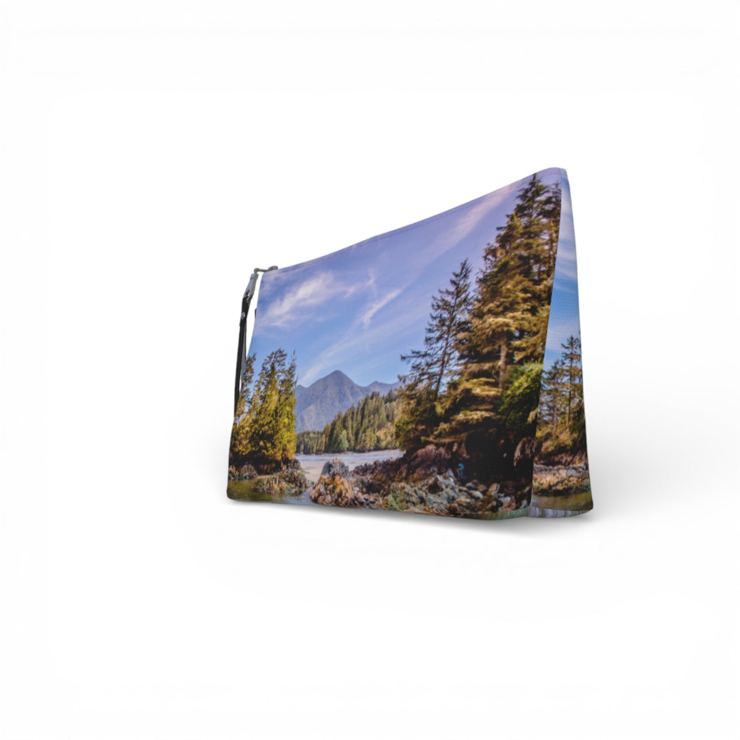 Pouch with a nature design featuring trees and mountains on a white background