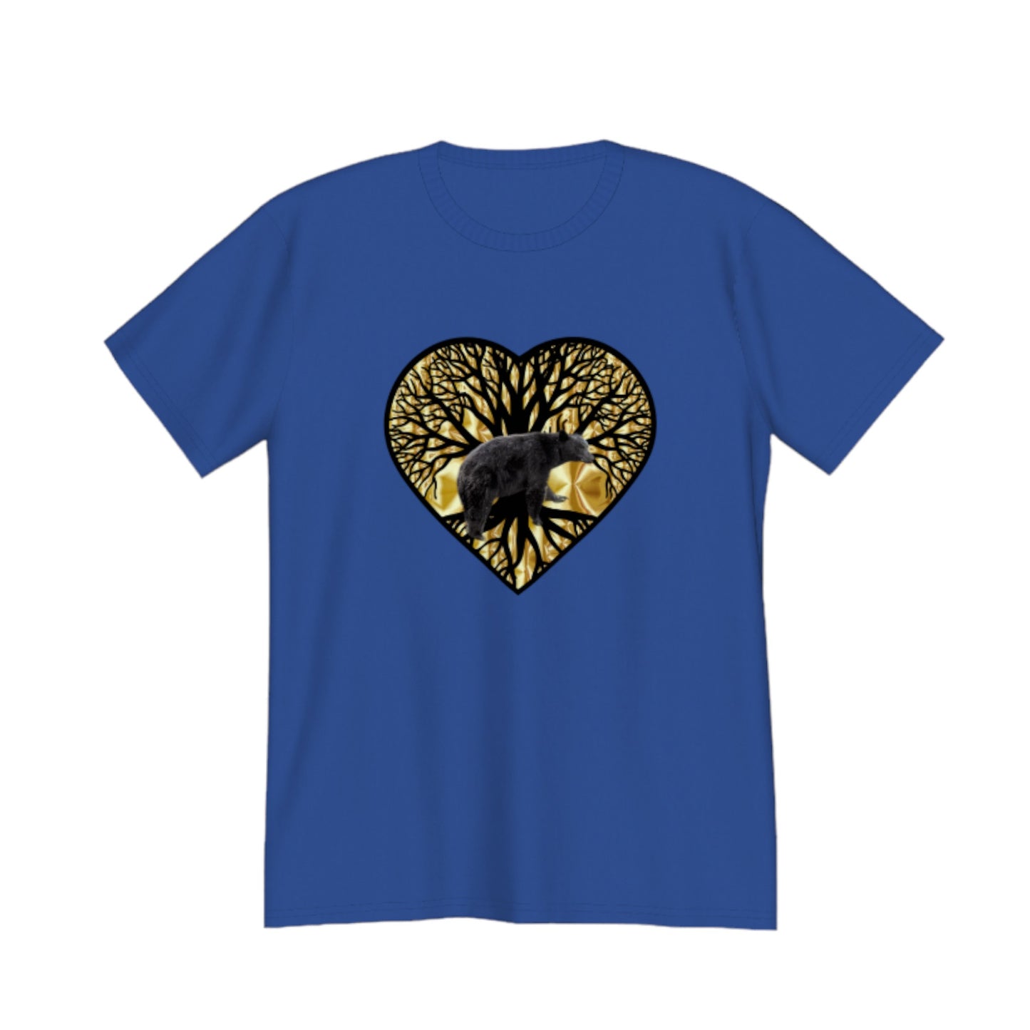 Bear Heart Premium Unisex T-shirt. The image on the front is of a bear standing in front of the tree of life that is on a gold background.  by van isle goddess dot com