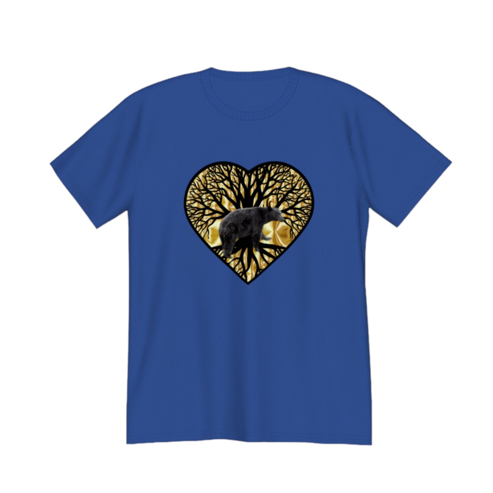 Bear Heart Premium Unisex T-shirt. The image on the front is of a bear standing in front of the tree of life that is on a gold background.  by van isle goddess dot com