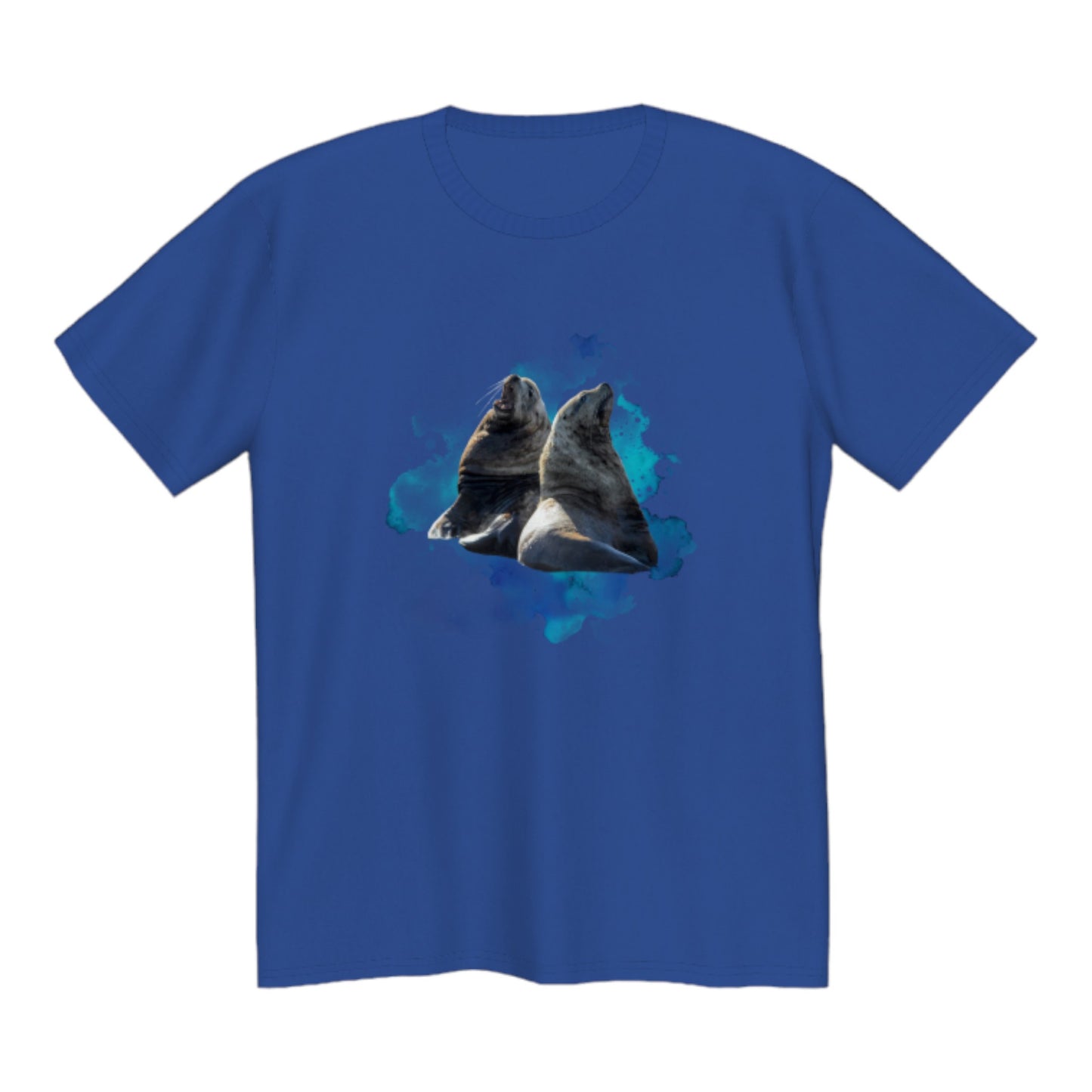 Sea Lions Premium Unisex Tshirt featuring two sea lions on the front.  A colourful blue and green ocean abstract is in the background. by van isle goddess dot com