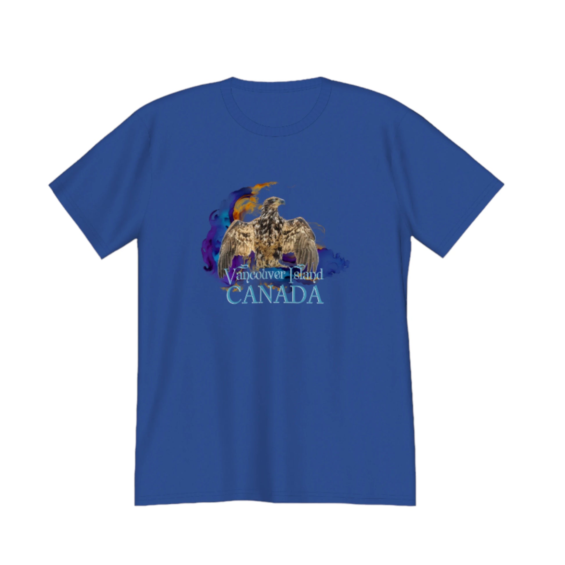 Thunderbird Vancouver Island Canada Premium Unisex T-shirt. The image is of a eagle in the thunderbird position with a colourful abstract background.  The word below the image read Vancouver island, Canada. by van isle goddess dot com