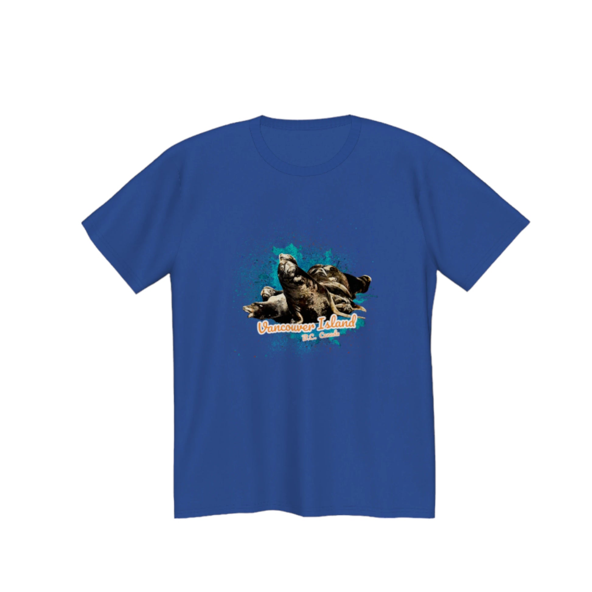 What's Up? Sea Lions Vancouver Island, BC Canada Premium Unisex T-shirt.  The image on the front is of a group of sea lions on a log raft.  by van isle goddess dot com