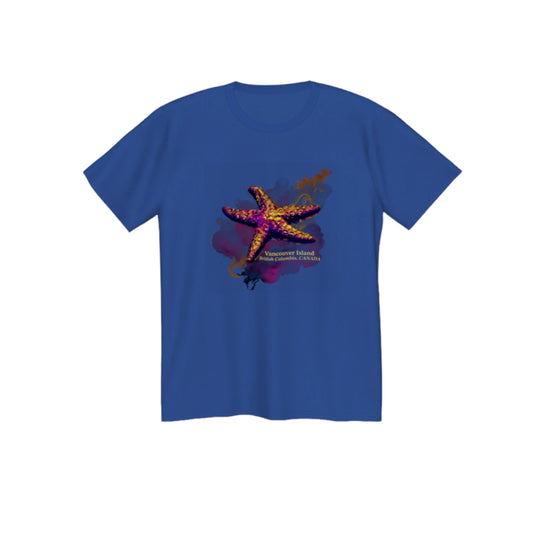 Star Track Vancouver island BC Canada premium unisex tshirt.  Features a starfish on the front with a colourful abstract background.  The words on the front say Vancouver Island, British Columbia, Canada.  by van isle goddess dot com