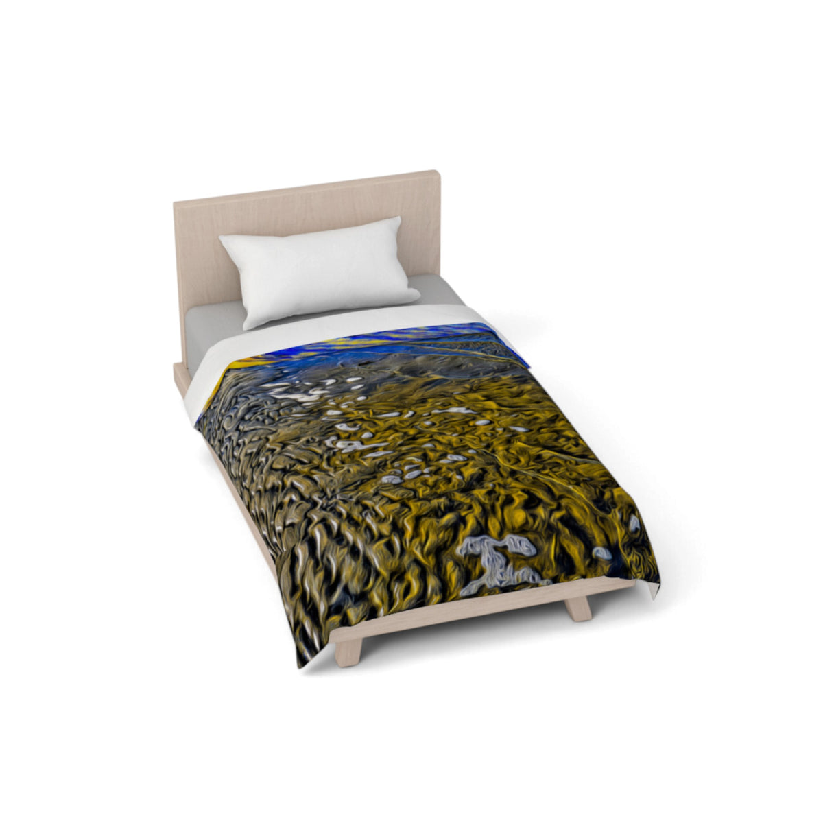 A single bed with a light wood frame and a white pillow, shown on a clean white background. The bed is covered with a duvet featuring an abstract landscape-style print dominated by yellow and olive tones, with blue and gray accents near the top.
