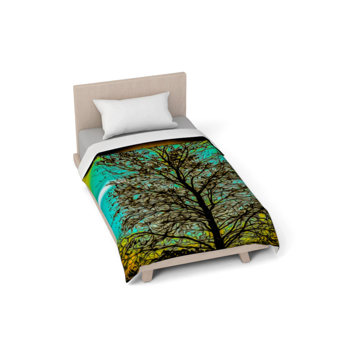 A bed dressed in a colorful printed comforter or duvet set in a bright bedroom, with large windows showing a beach and ocean view. The bedding features a black tree silhouette over a turquoise, teal, and yellow background.