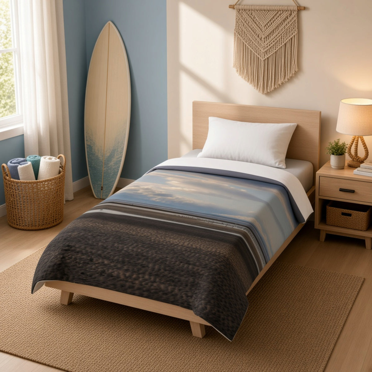 A single bed in a styled bedroom with a blue and gray striped duvet cover, white pillow, light wood headboard, beige rug, bedside lamp, wicker basket, and a surfboard leaning against the wall.