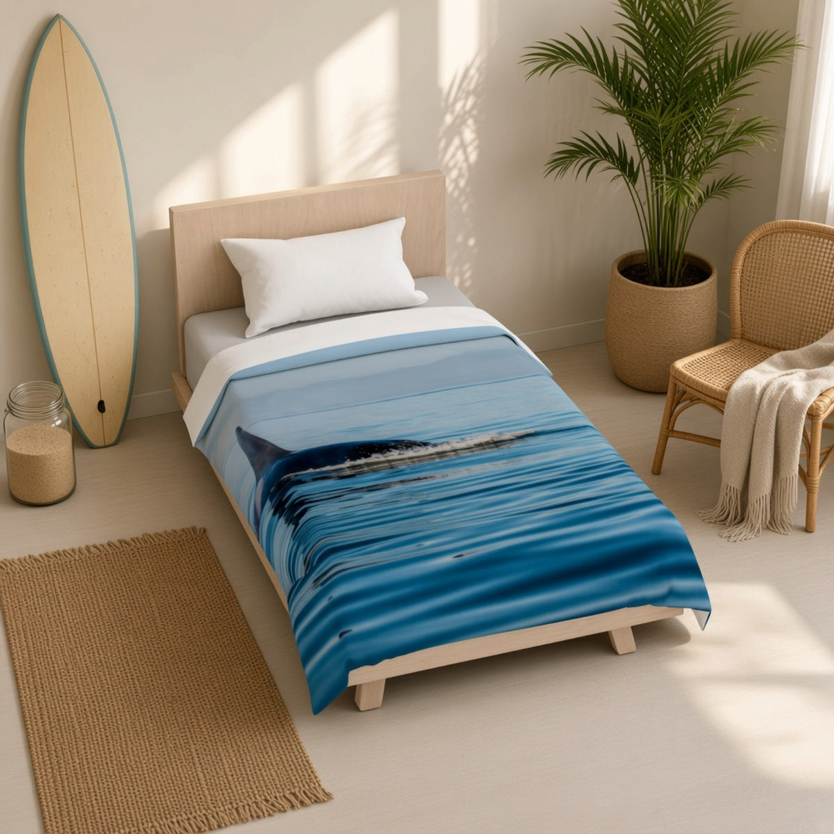 A single bed in a bright, modern bedroom setting featuring a blue ocean wave print duvet cover. The room includes a wooden headboard, white pillow, a potted palm, a woven chair with a cream throw, a surfboard leaning against the wall, and a woven rug on the floor.