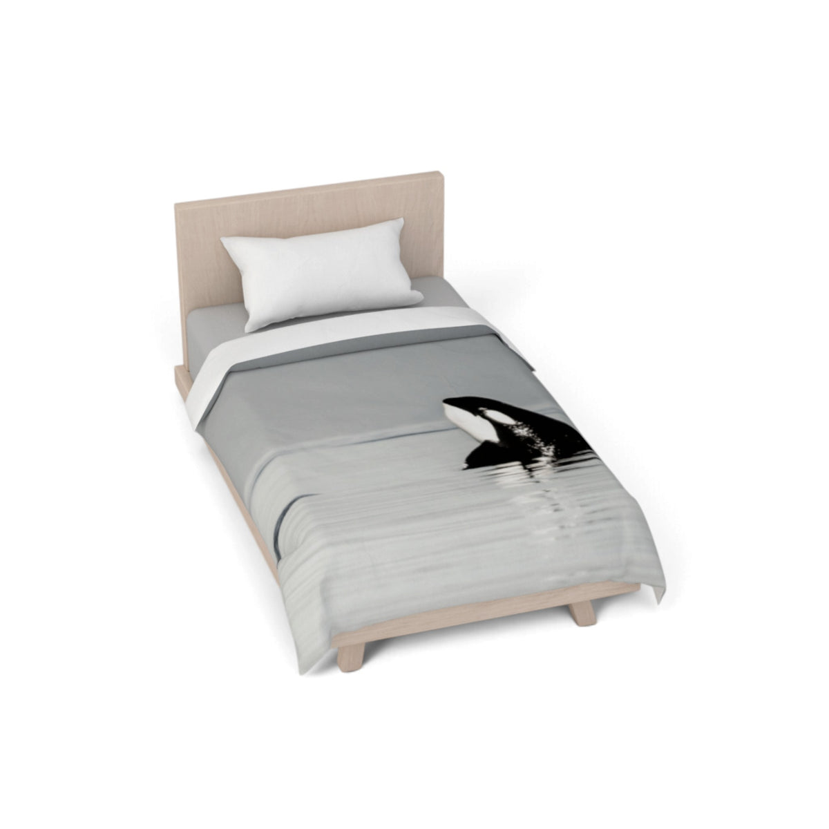 A single bed with a light wood frame and a gray comforter featuring a black and white orca whale print, shown on a plain white background.