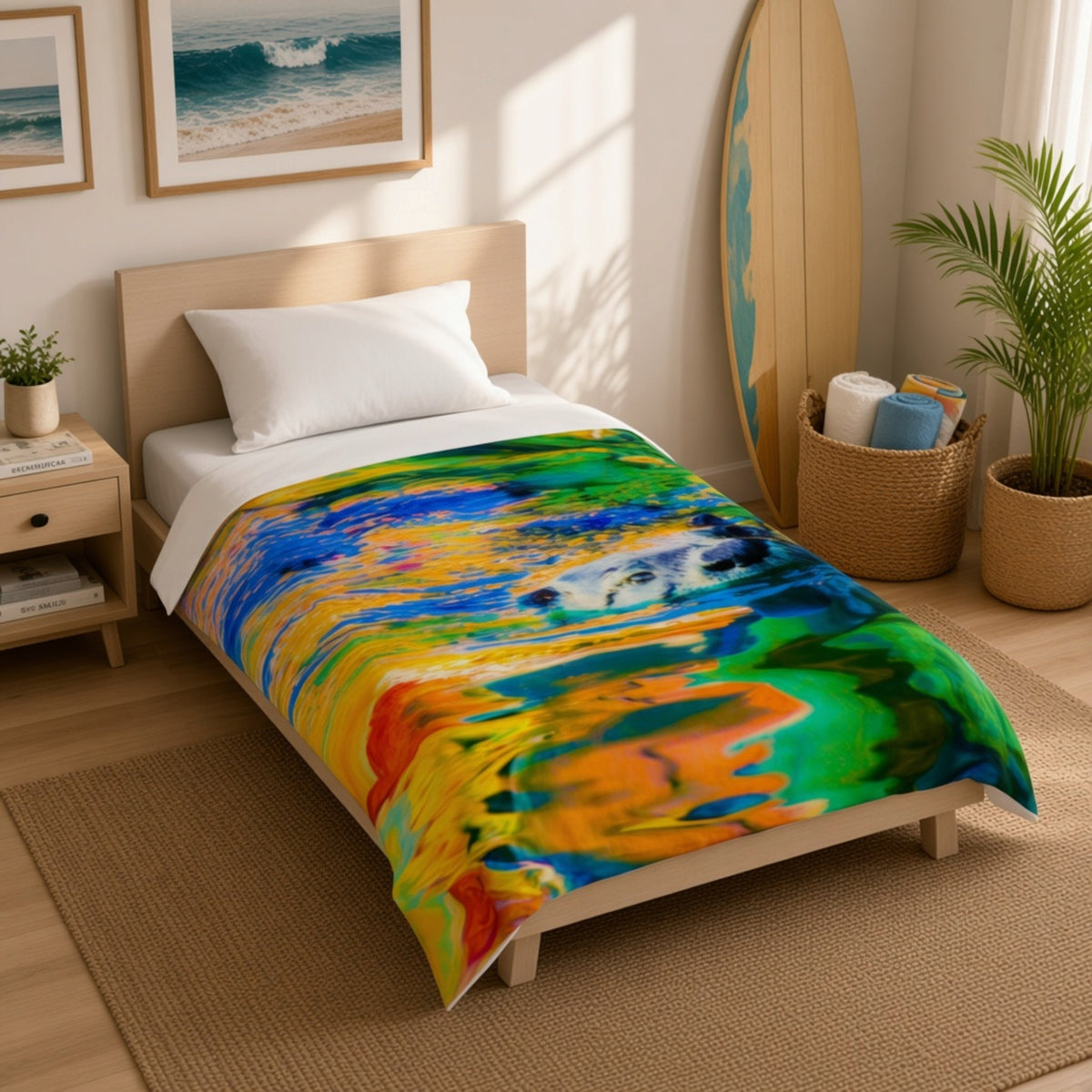 A single bed in a bright, modern bedroom with a colorful abstract print blanket. The blanket features a vibrant, fluid art pattern with swirls of blue, green, yellow, orange, and red.