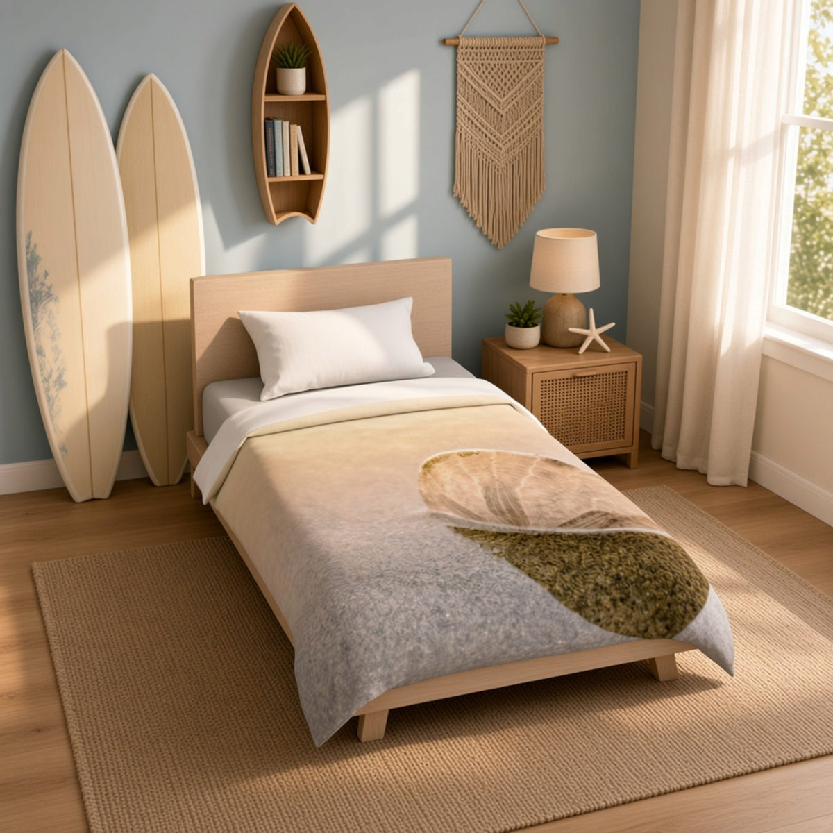 A single bed in a styled bedroom with a light beige wood frame, dressed in white bedding and a beige throw blanket featuring a large leaf print. The room has a blue-gray wall, a woven rug, a wooden nightstand, a lamp, and decorative surfboards leaning against the wall.
