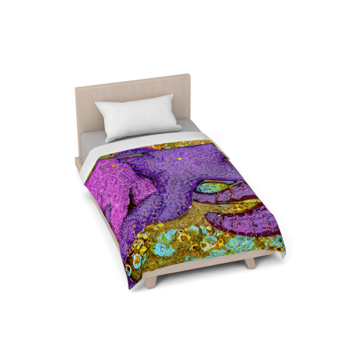 A single bed with a colorful abstract print duvet cover and white pillow, shown on a clean white background.