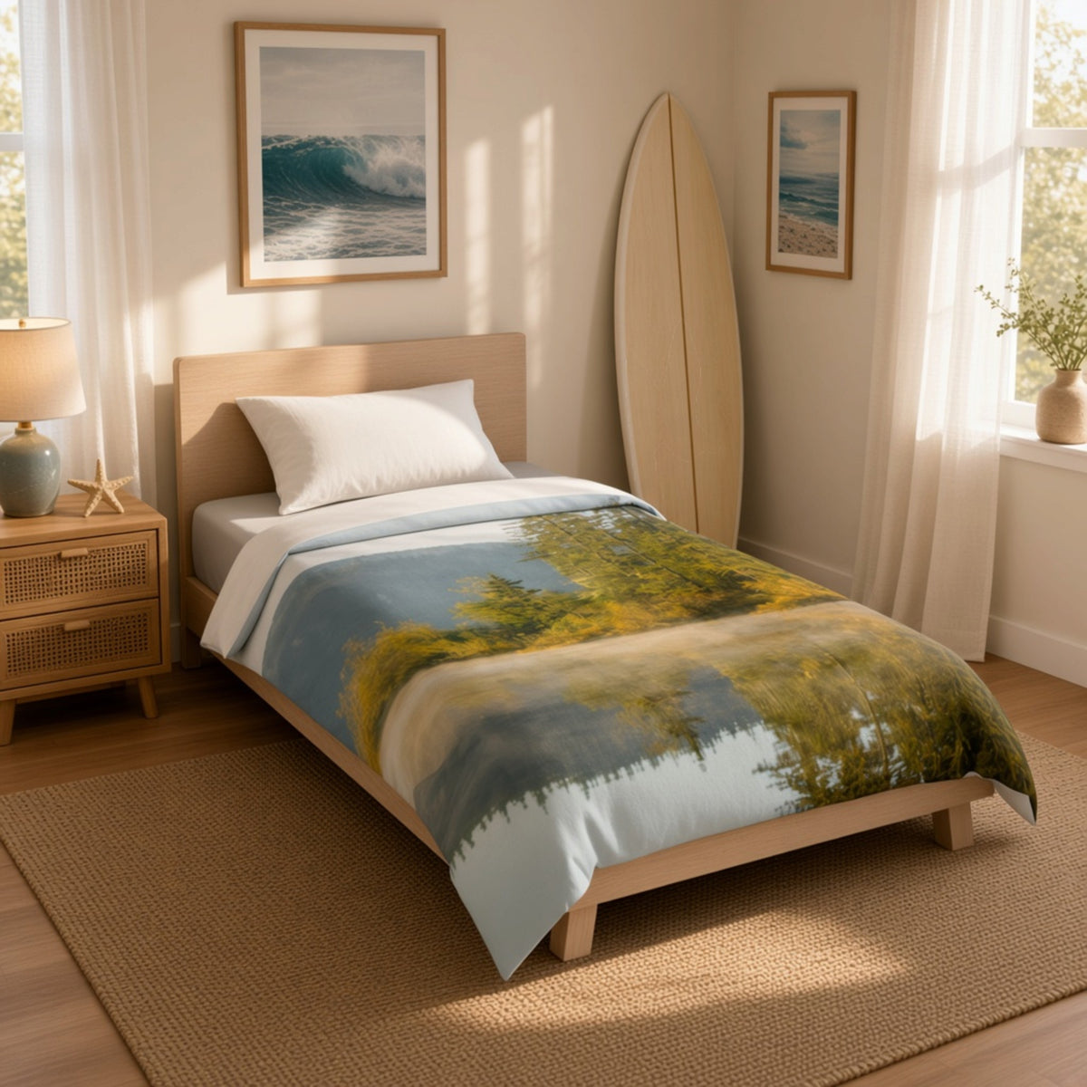 A single bed in a bright, sunlit bedroom with a landscape-print duvet cover showing trees and water. The room includes a wooden headboard, matching wood nightstand, woven rug, framed ocean artwork on the wall, a tall surfboard leaning against the wall, and sheer curtains.