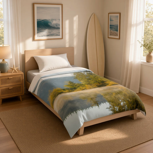 A single bed in a bright, sunlit bedroom with a landscape-print duvet cover showing trees and water. The room includes a wooden headboard, matching wood nightstand, woven rug, framed ocean artwork on the wall, a tall surfboard leaning against the wall, and sheer curtains.