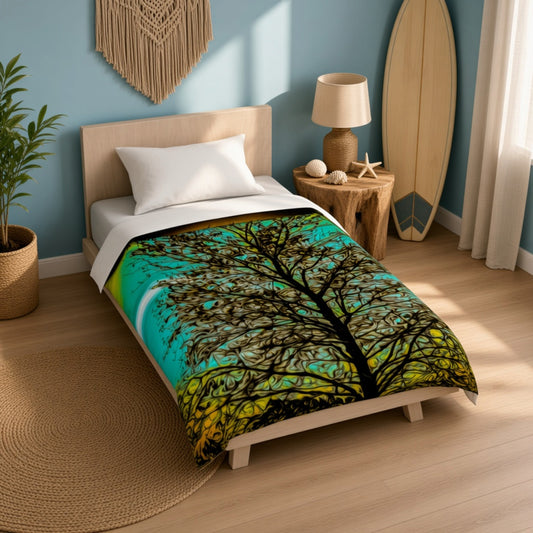 A single bed in a styled bedroom setting, featuring a colorful printed comforter with a stylized tree design over a turquoise and yellow background. The room has a light blue wall, a wooden floor, a nightstand with a lamp, and a surfboard leaning against the wall.