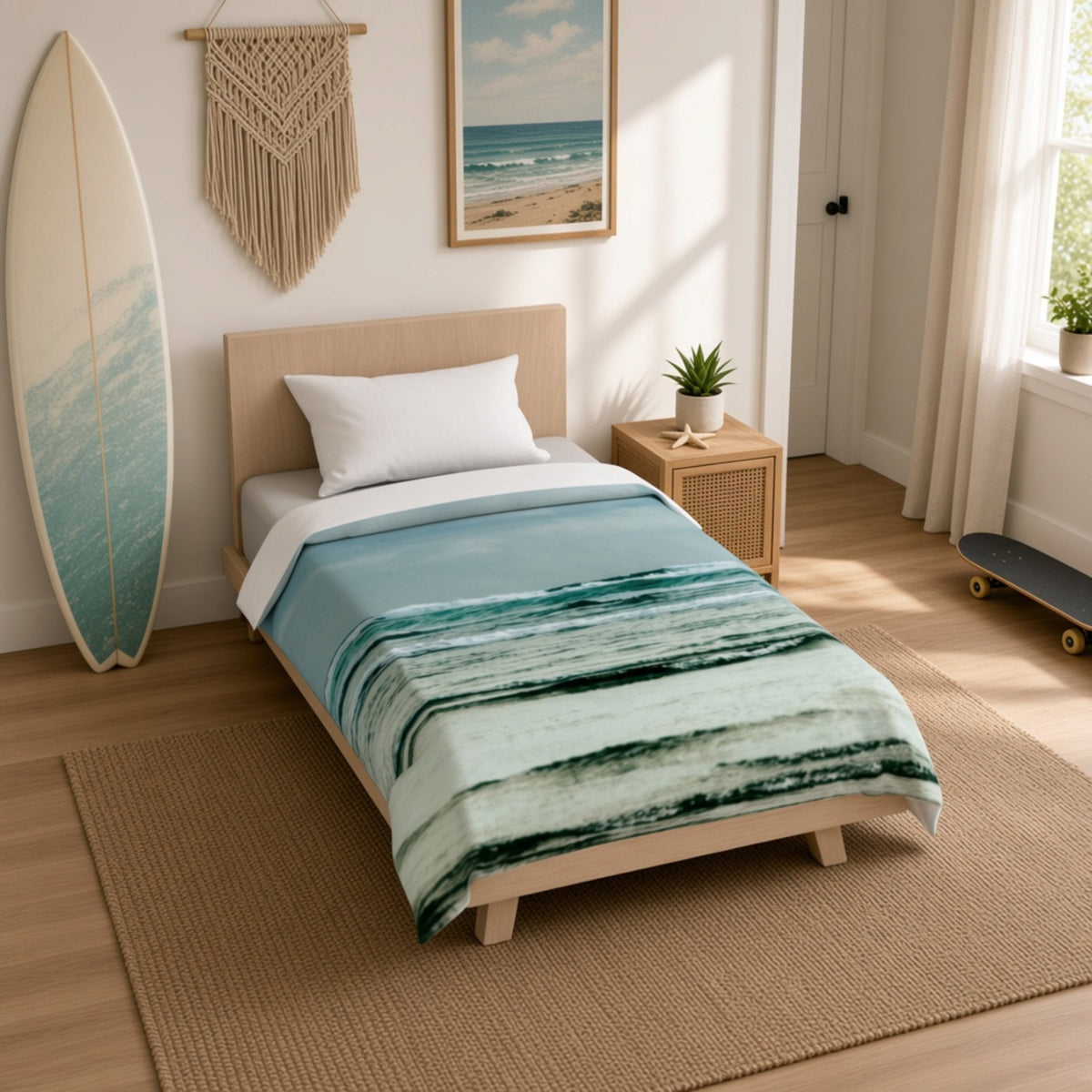 A single bed in a bright, modern bedroom styled with a light blue and teal watercolor-patterned blanket, white pillow, and a light wood headboard. The room features a beach-themed macrame wall hanging, a framed ocean print, a surfboard leaning against the wall, and a window with sheer curtains.