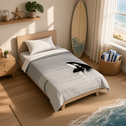 A single bed in a bright beach-themed bedroom, styled with a light gray striped duvet featuring a black and white orca print. The room includes a wooden headboard, a matching wooden nightstand, a cork rug, a surfboard leaning against the wall, and a window looking out to the ocean.