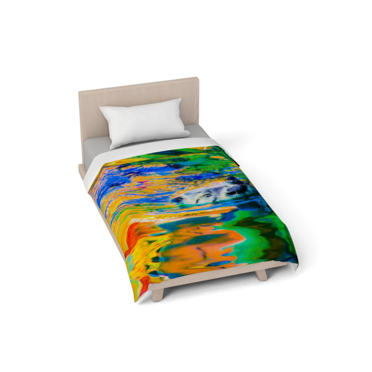 A single bed with a colorful abstract-print duvet cover and white pillow, shown on a clean white background.