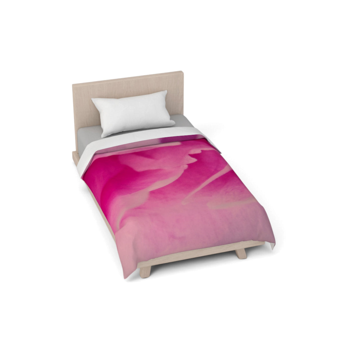 A single bed with a light wood frame and upholstered headboard, styled with a white pillow and a bright pink watercolor-patterned comforter on a white background.