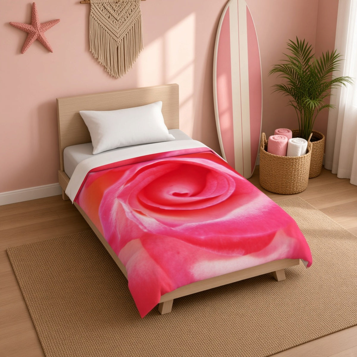 A single bed in a pink bedroom setting, featuring a vibrant pink and red rose print comforter. The room includes a wooden headboard, white pillow, a pink surfboard leaning against the wall, a potted plant, and a woven macrame wall hanging.