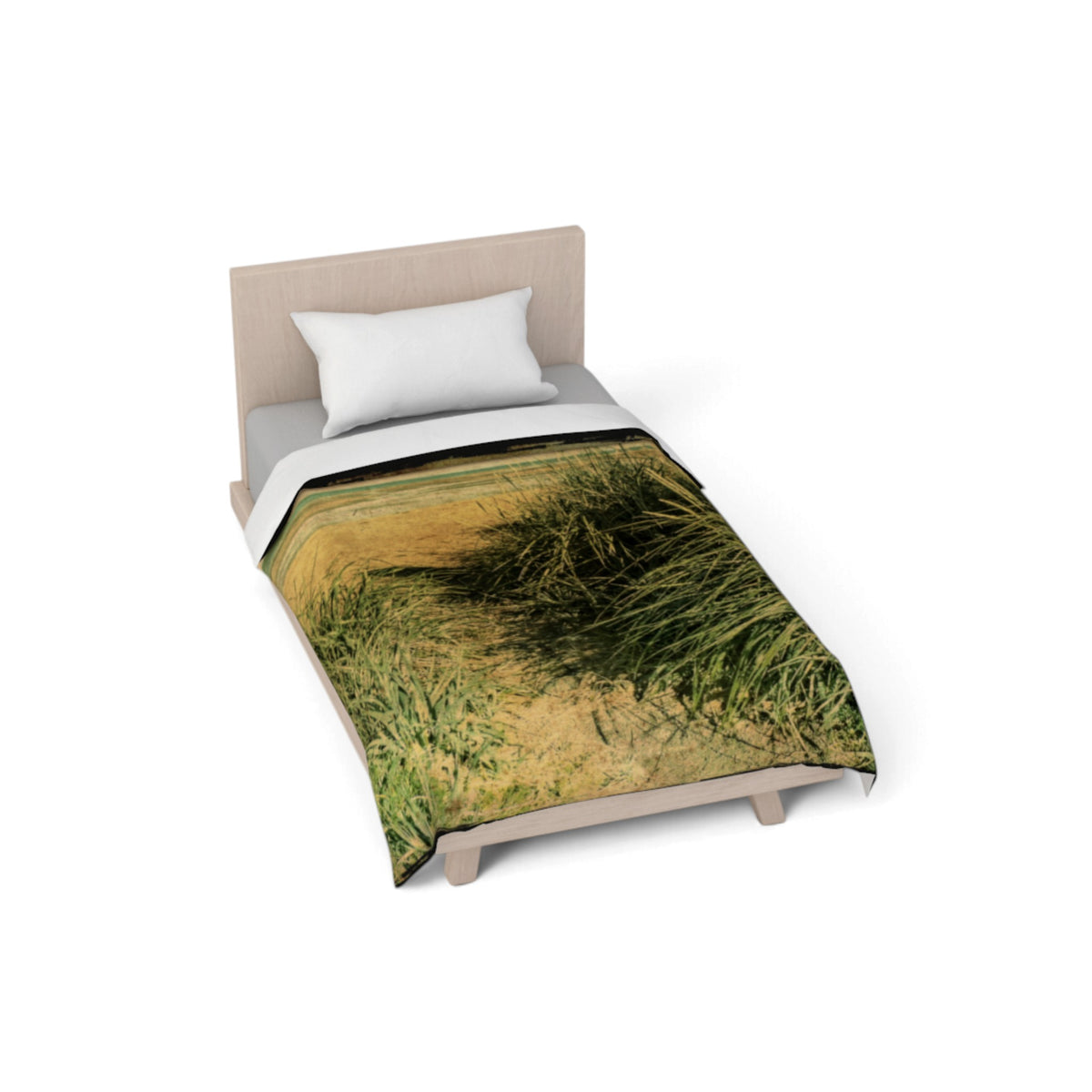 A single bed with a light wood frame and a white pillow, shown from an elevated angle on a white background. The bed is covered with a duvet featuring a textured, impressionistic print of green and yellow grasses.