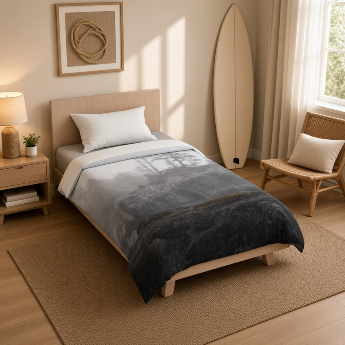 A single bed in a bright, modern bedroom with a gray and navy gradient blanket featuring a tree silhouette print. The room is styled with a wooden headboard, a matching nightstand, a woven rug, a rattan chair, and a surfboard leaning against the wall.