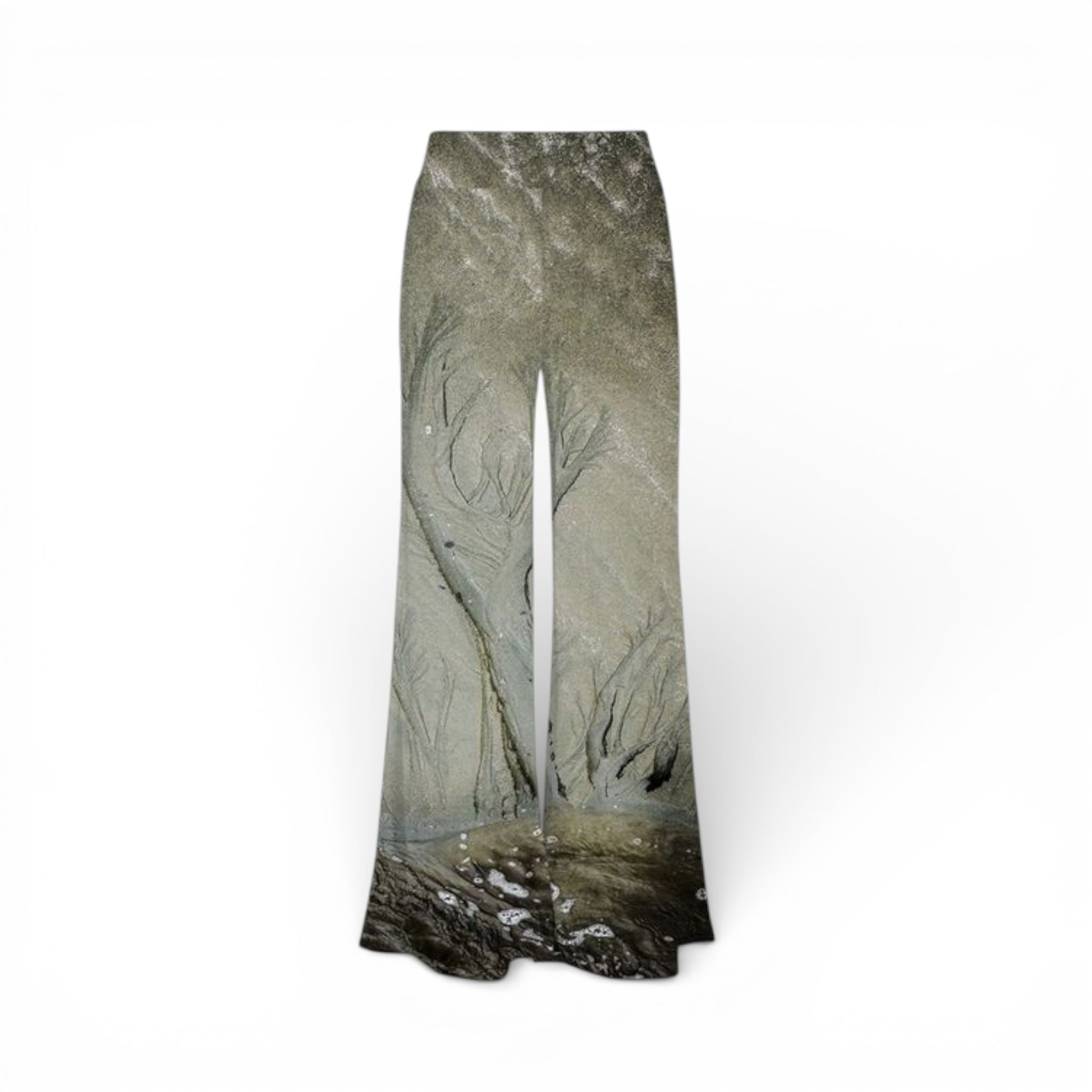 Pair of pants with nature-themed design on a white background