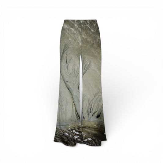 Pair of pants with nature-themed design on a white background