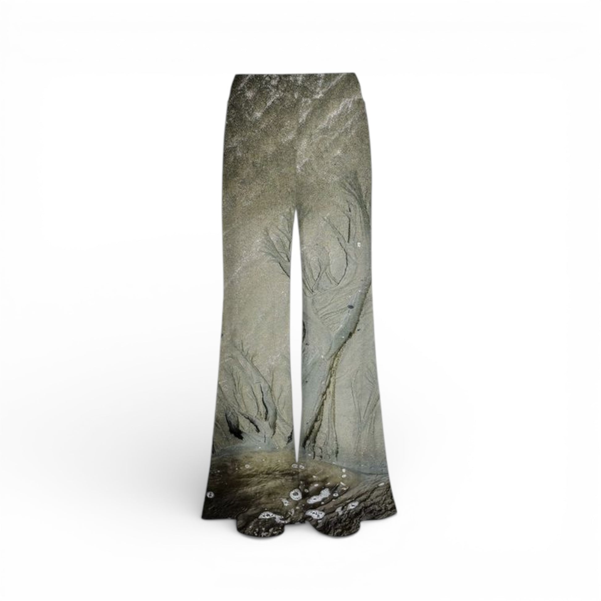 Flared pants with a nature-themed print on a white background