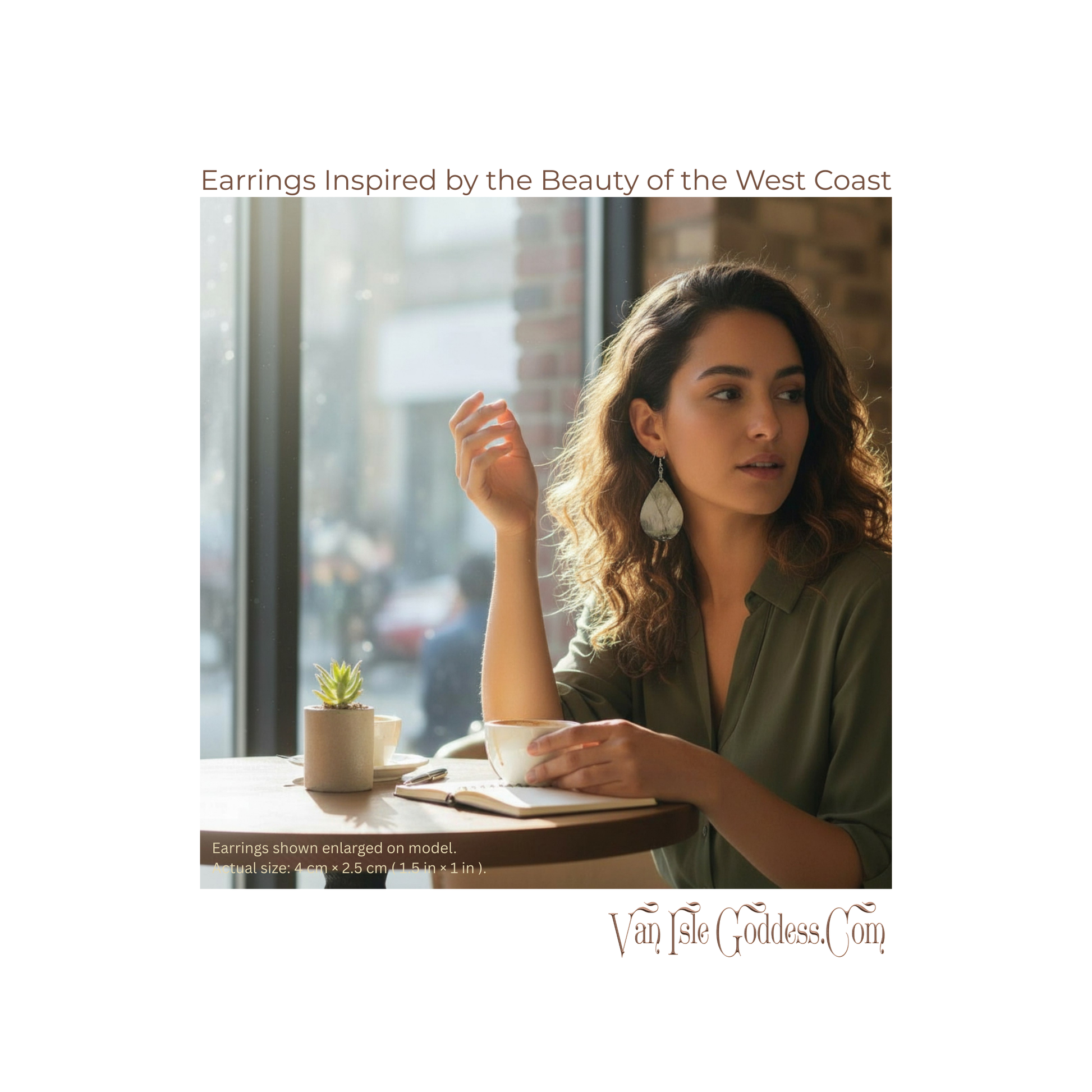 Woman sitting at a table with earrings displayed, text about earrings inspired by the West Coast, Van Isle Goddess brand.