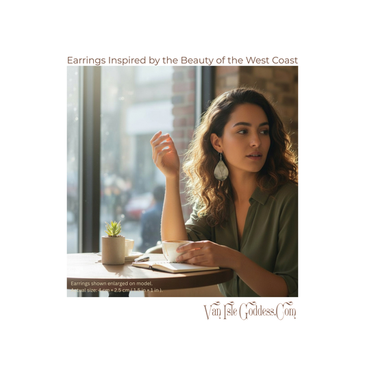 Woman sitting at a table with earrings displayed, text about earrings inspired by the West Coast, Van Isle Goddess brand.