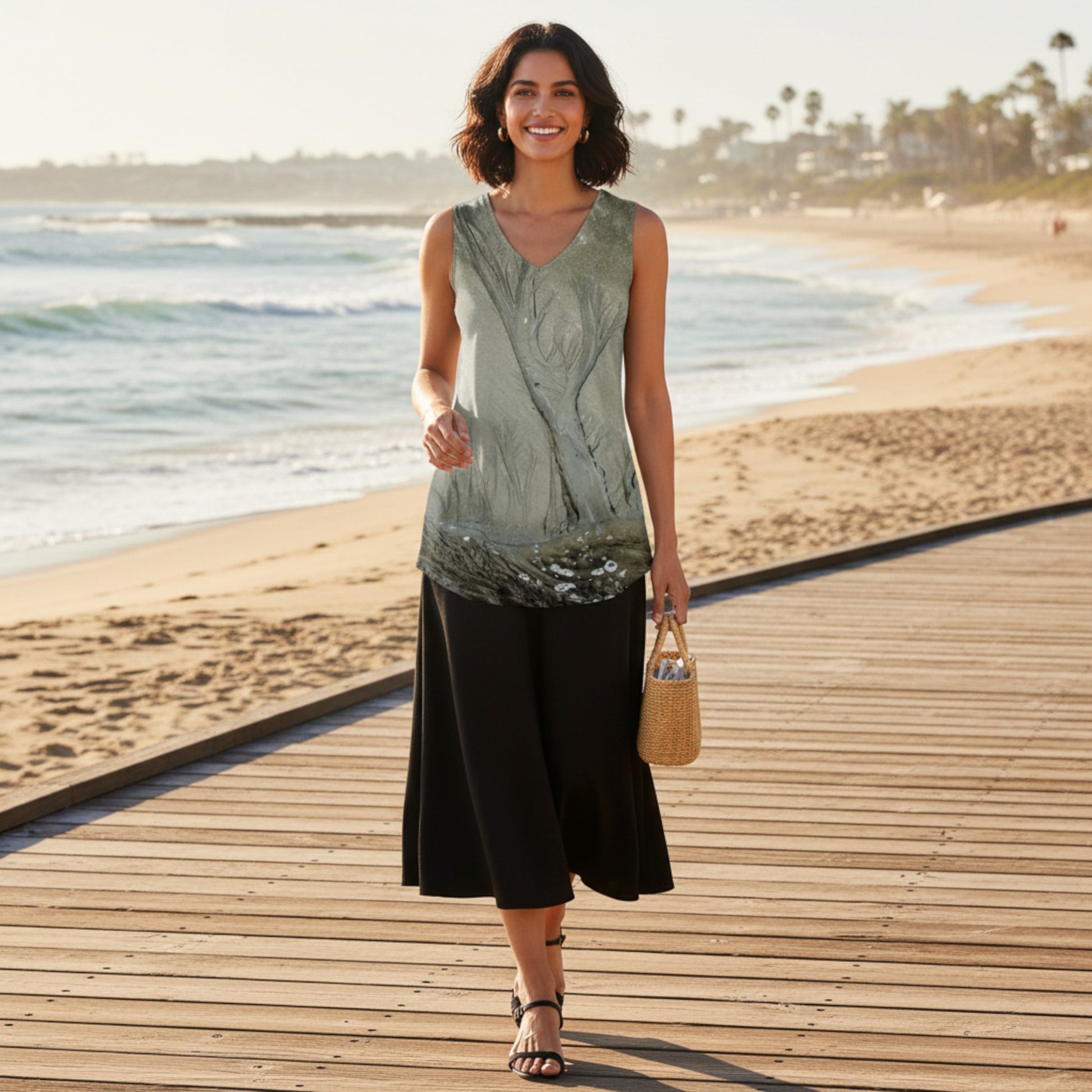 Woman standing on a wooden boardwalk by the beach, wearing a sleeveless green top and black pants.