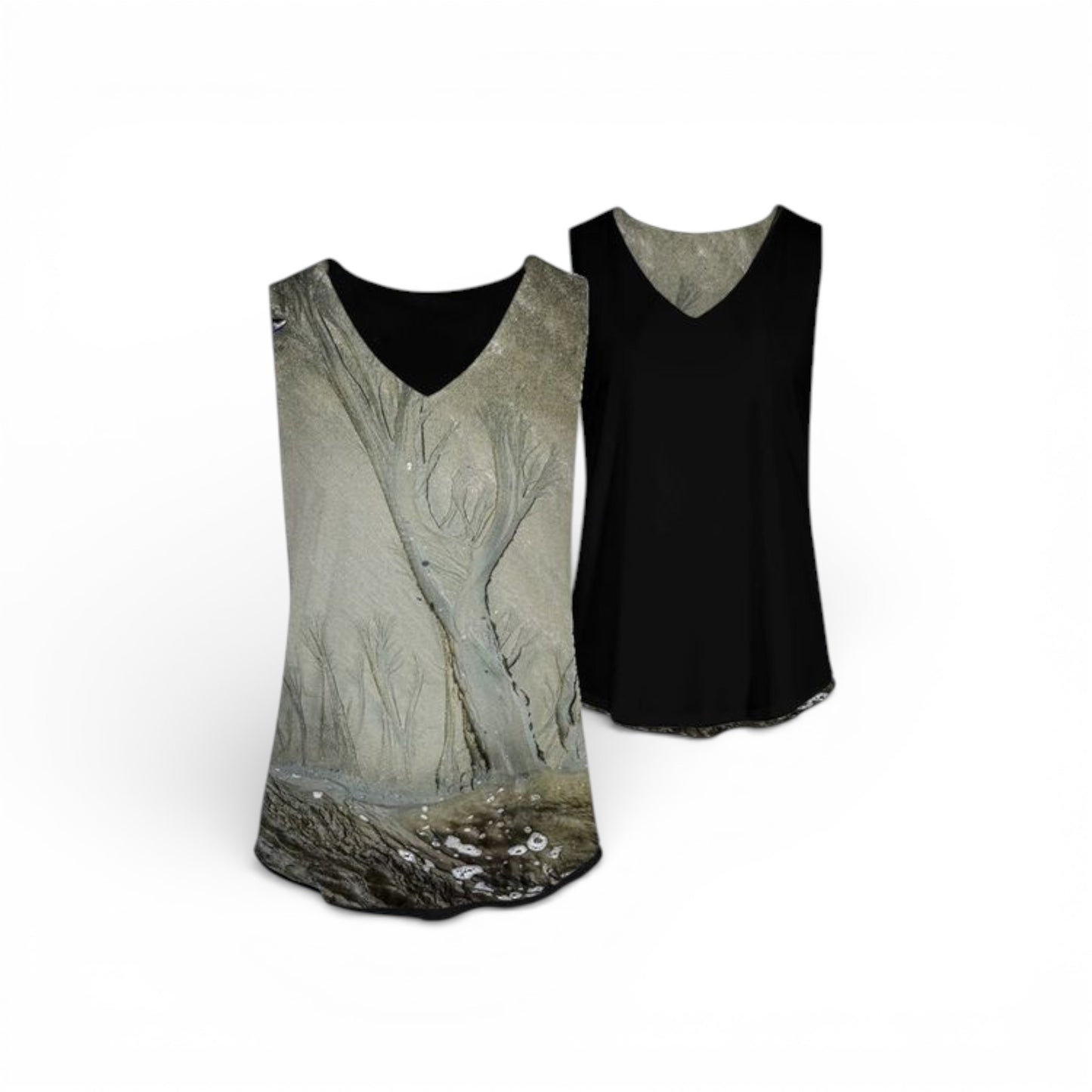 Two tank tops, one with a nature print and one black, on a white background