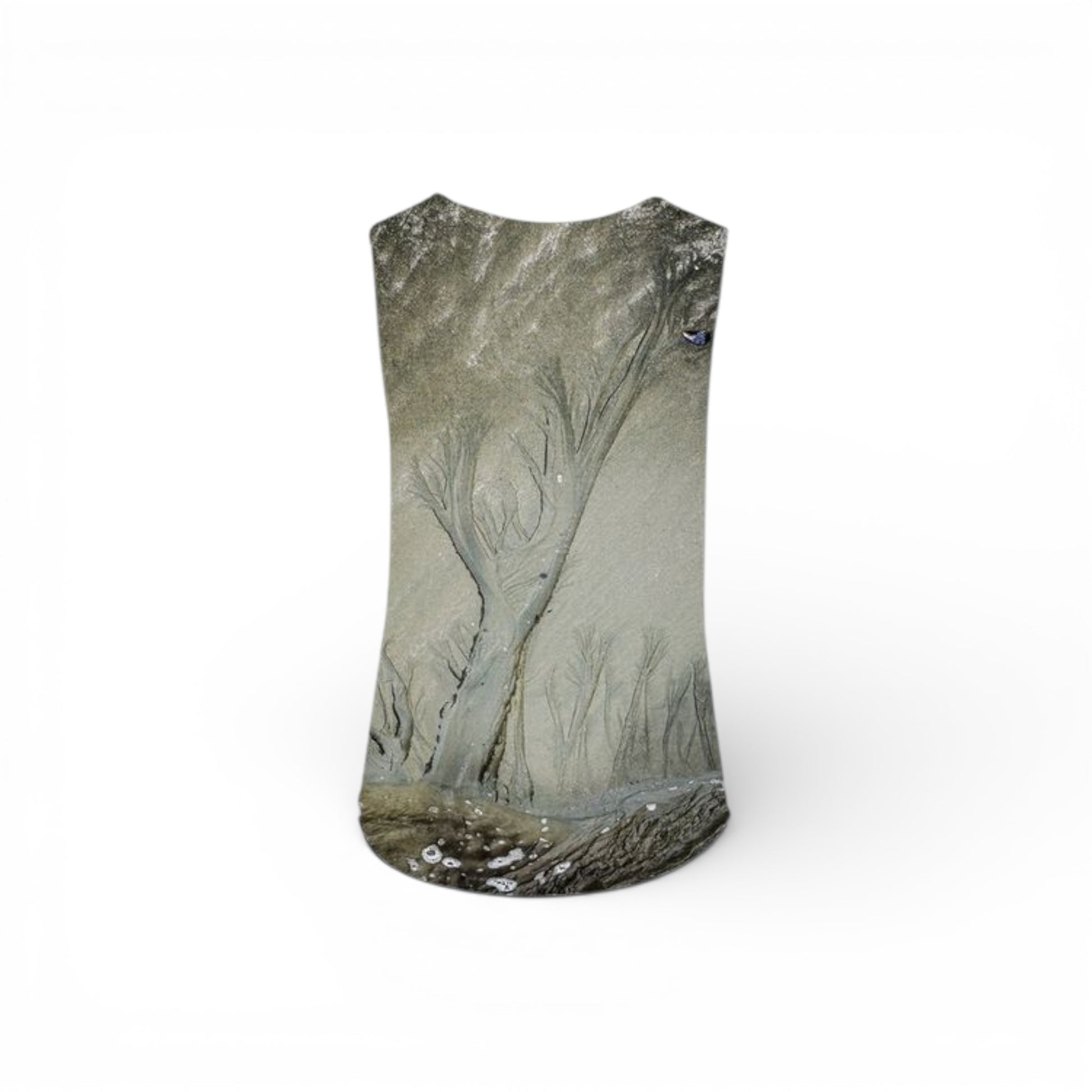 Sleeveless top with nature-themed print on a white background