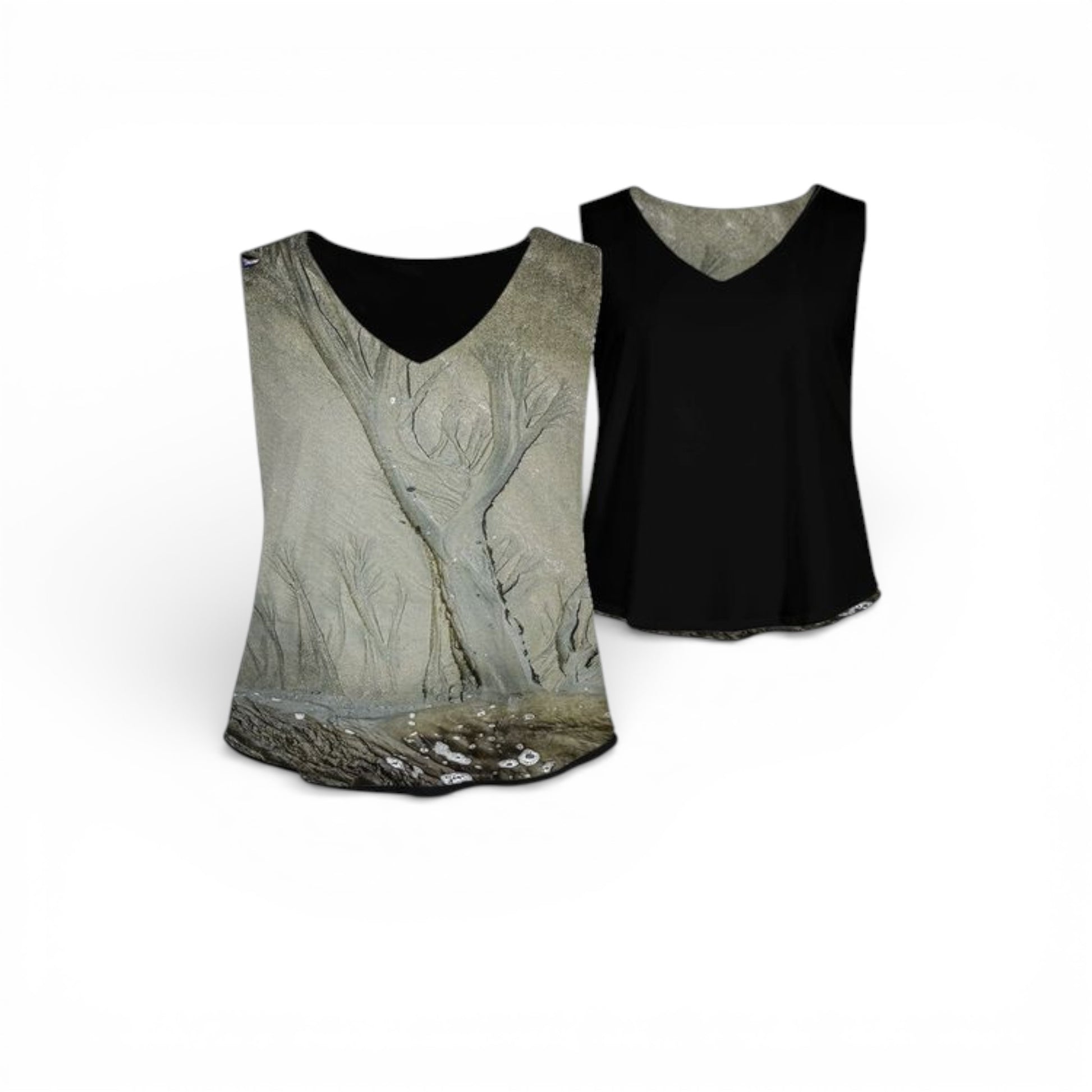 Black tank top with nature-themed design on a white background