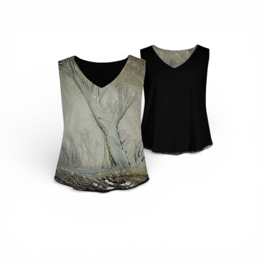Black tank top with nature-themed design on a white background