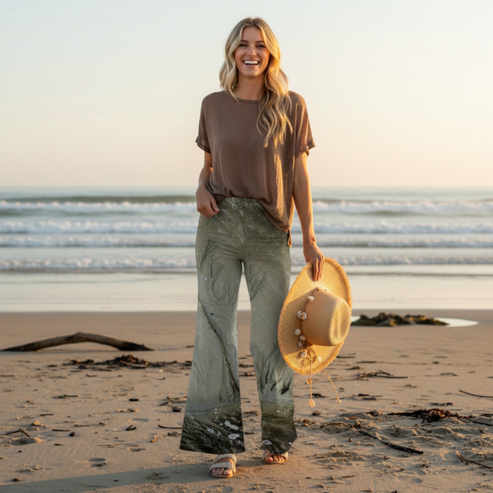 Woman standing on a beach holding a hat with sunset in the background