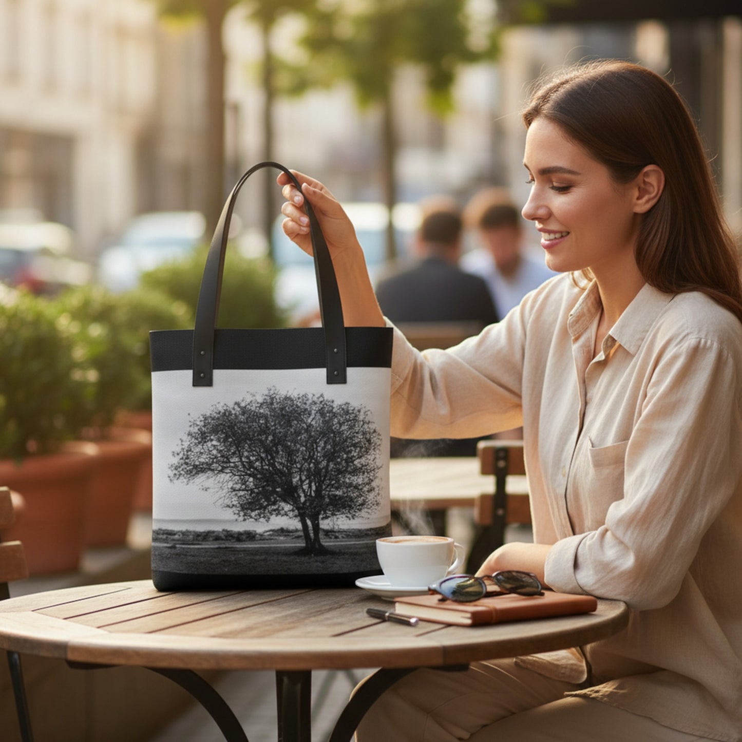 Woman holding a tote bag with a tree design outdoors