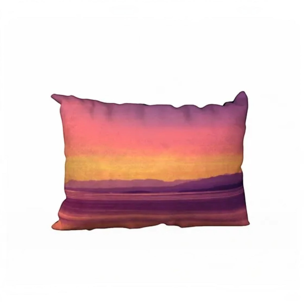 A rectangular lumbar throw pillow featuring a watercolor sunset landscape print with purple, pink, orange, and yellow hues, shown against a plain white background.