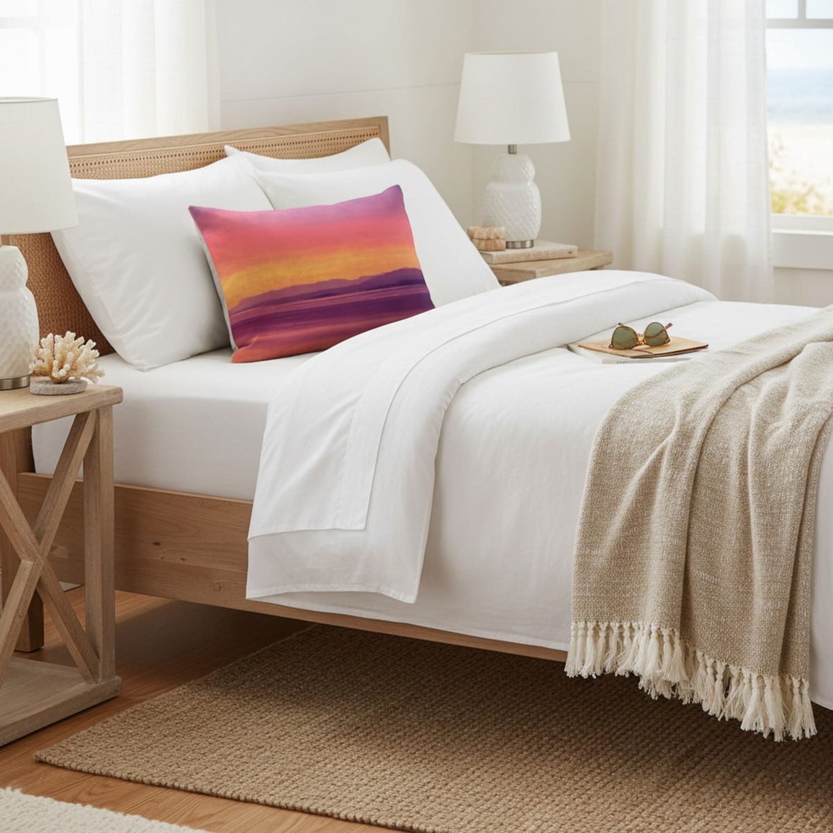 A styled bedroom scene showing a bed with white bedding, a beige throw blanket, and a colorful rectangular pillow featuring a sunset gradient design in pink, orange, yellow, and purple. The bed frame is light wood, with matching wood nightstands and lamps on either side, and a window with sheer curtains in the background.