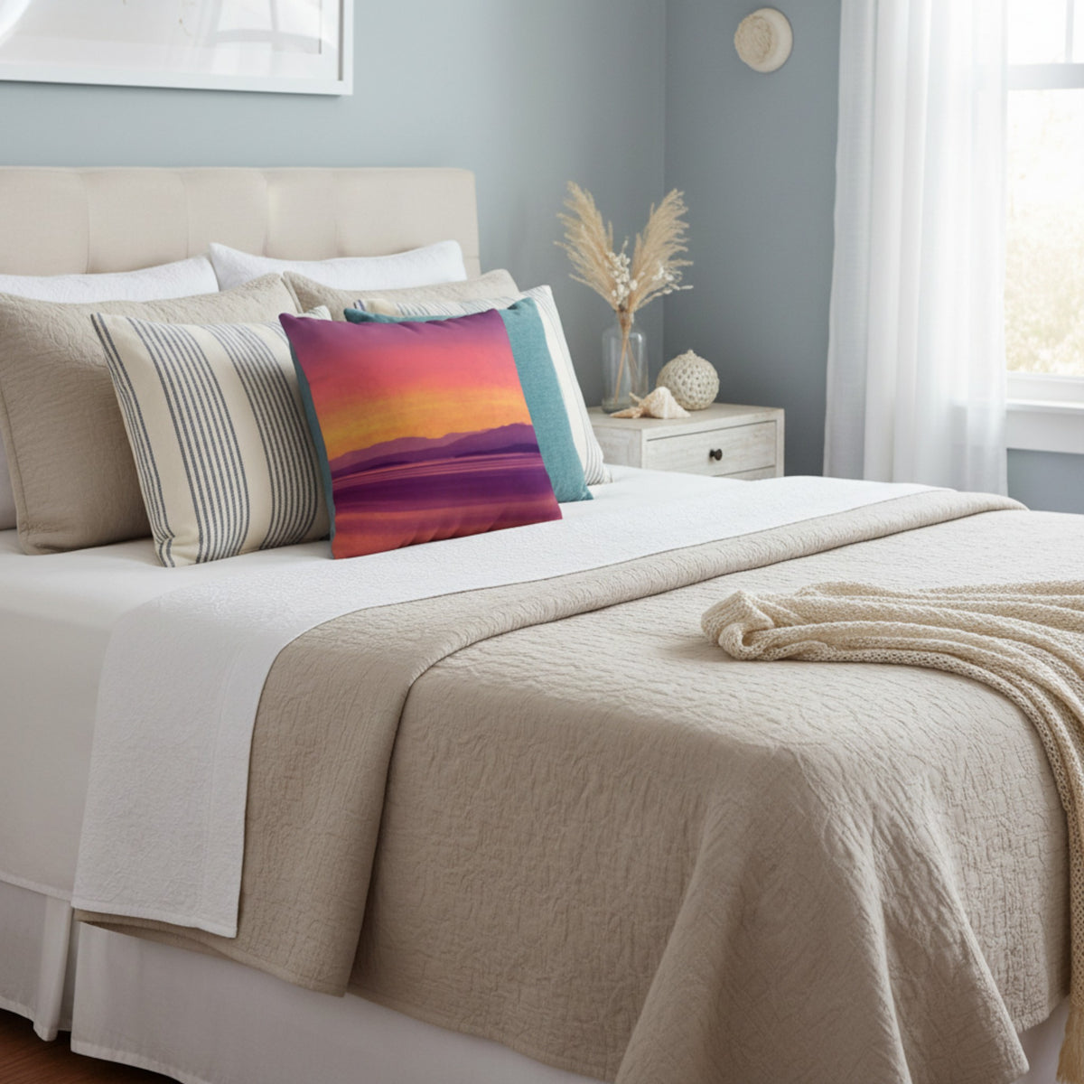 A styled beige bedding set on a bed in a bedroom, featuring a textured cream throw blanket, white sheets, and a vibrant multicolor square accent pillow with a sunset landscape print.