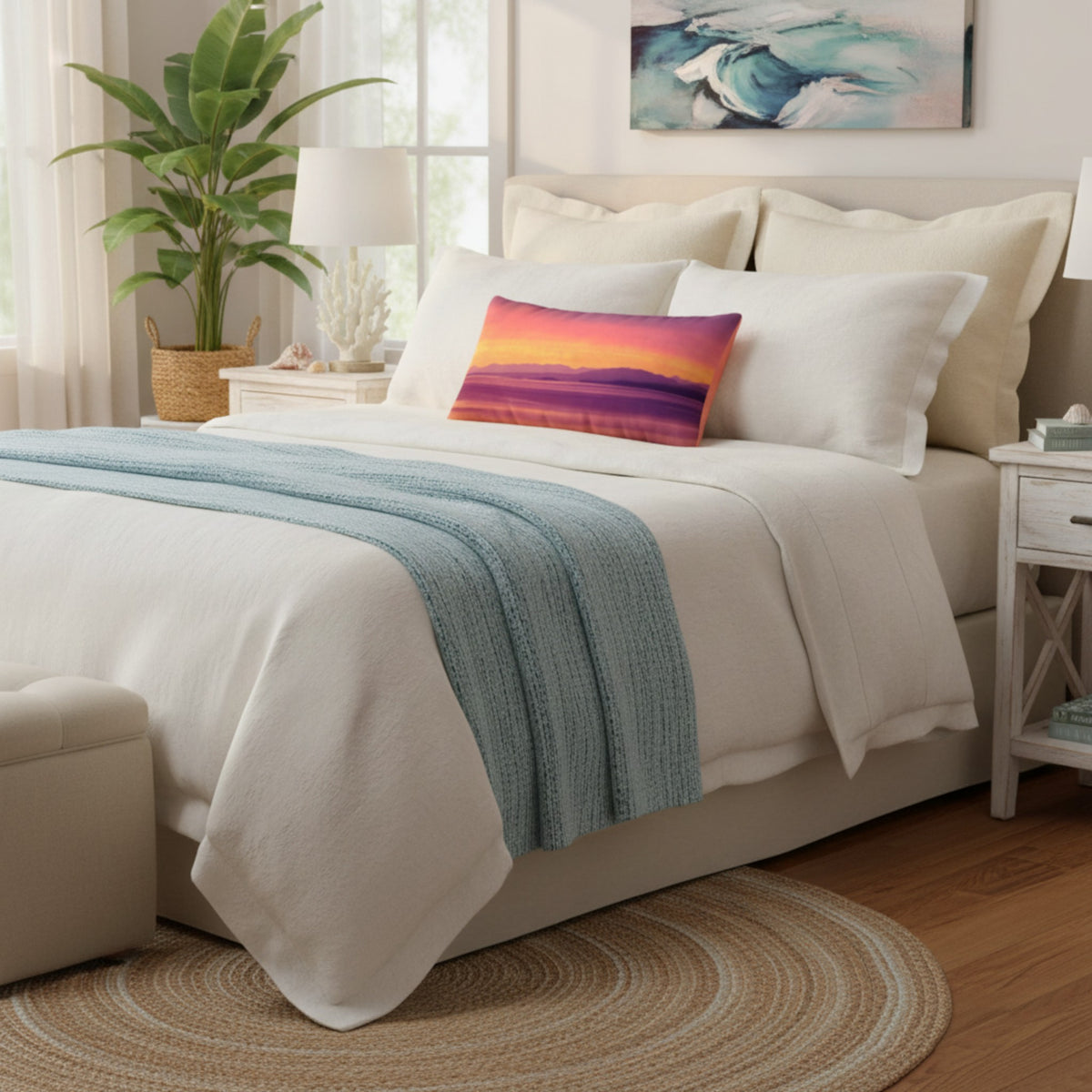 A neatly made bed in a bright bedroom setting, dressed in white bedding with a light blue textured throw blanket and a square accent pillow featuring a colorful sunset gradient.