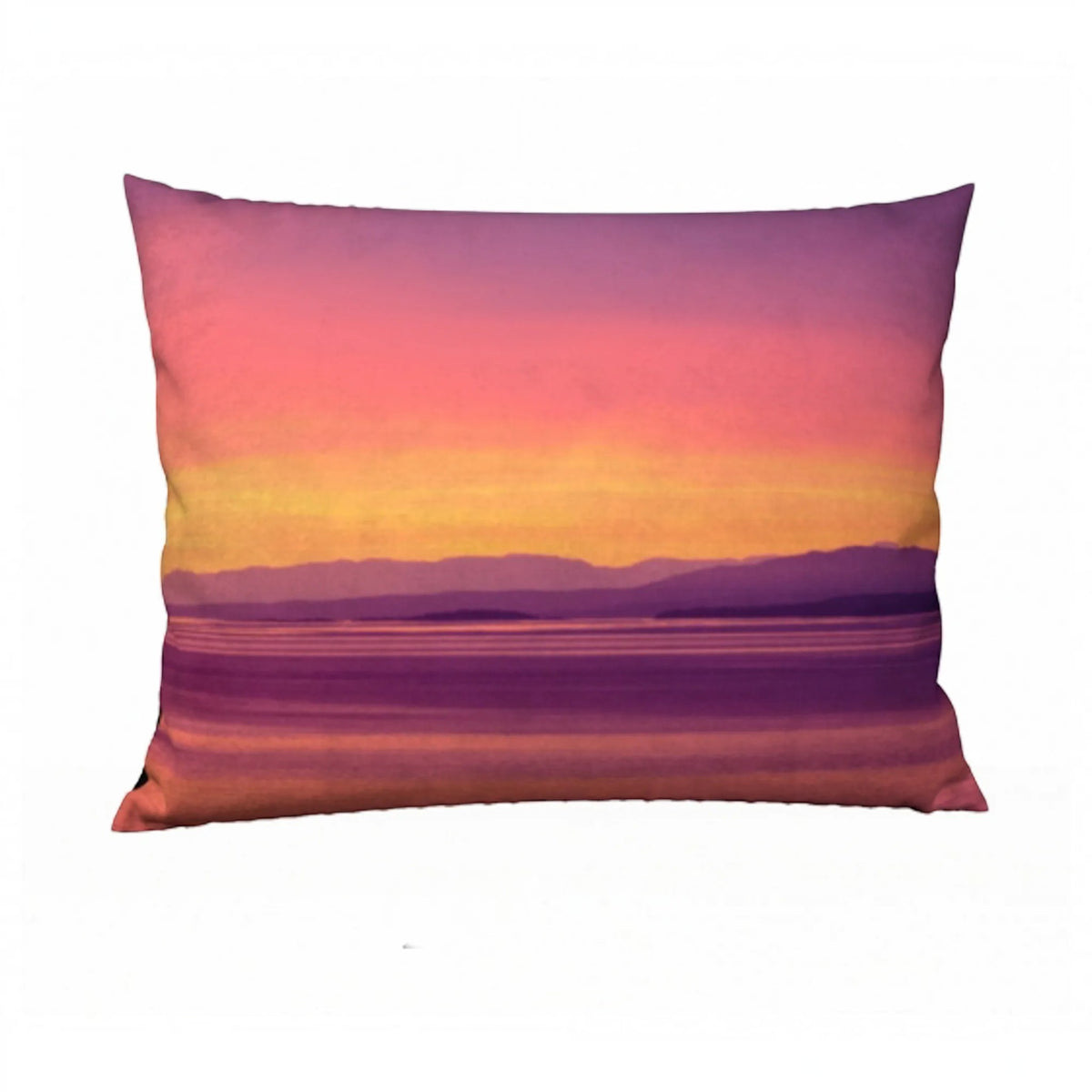 A square throw pillow featuring a detailed graphic print of a glorious sunset.