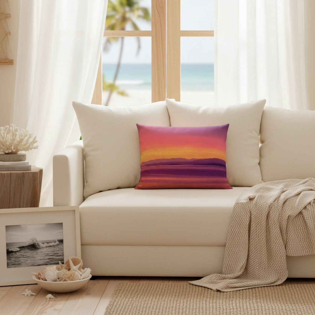 A square throw pillow featuring a detailed graphic print of a glorious sunset.