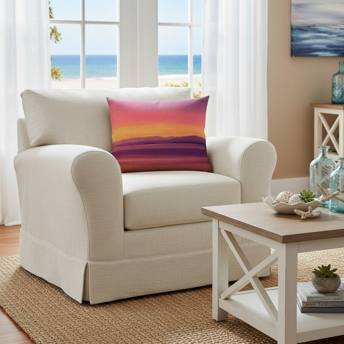 A square throw pillow featuring a detailed graphic print of a glorious sunset.