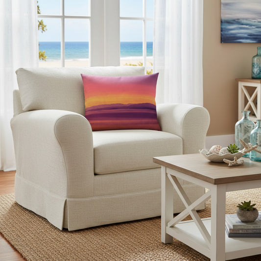 A square throw pillow featuring a detailed graphic print of a glorious sunset.