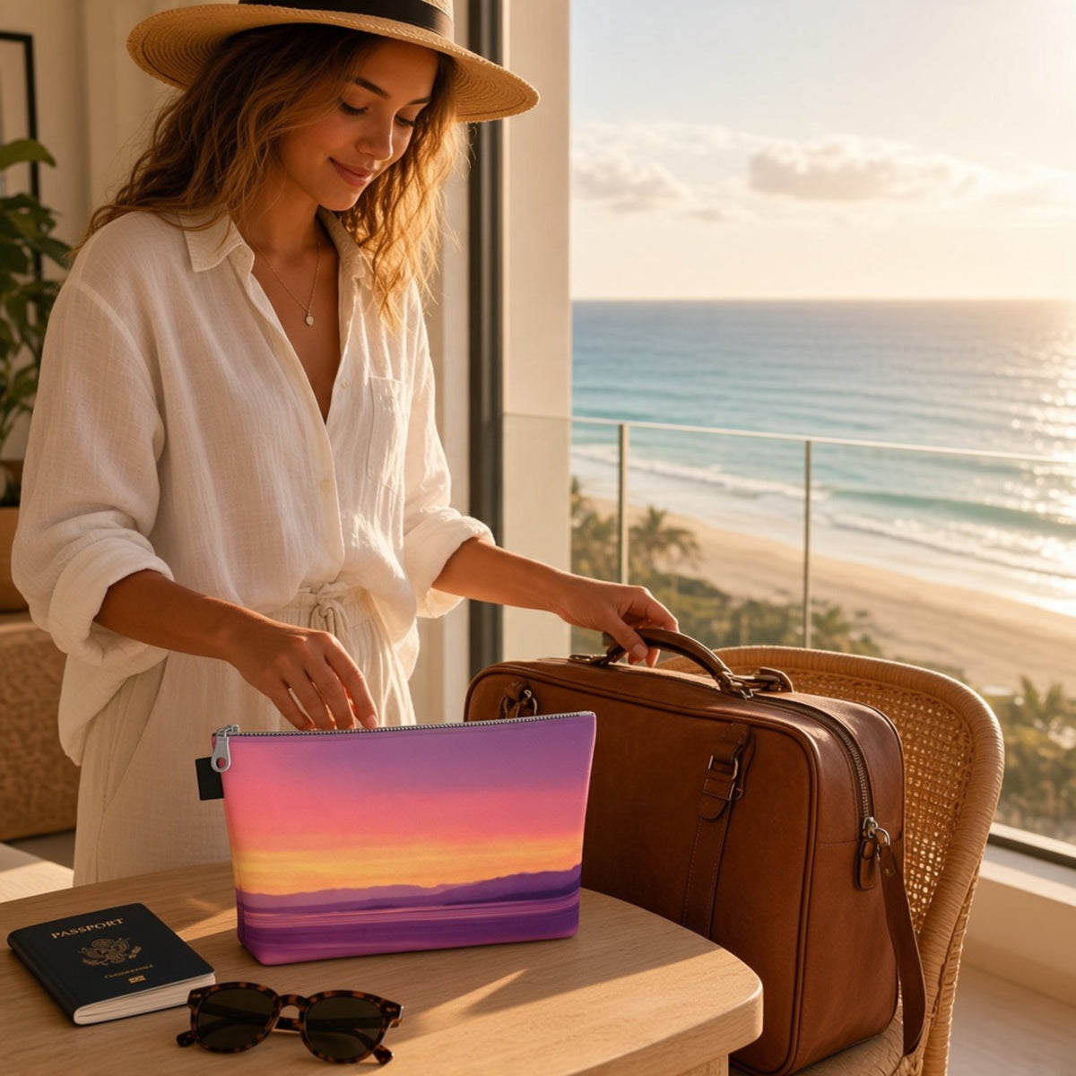 A woman in a white shirt and straw hat packs a brown leather suitcase next to a colorful zip pouch with a sunset gradient design, set by a window overlooking an ocean beach.